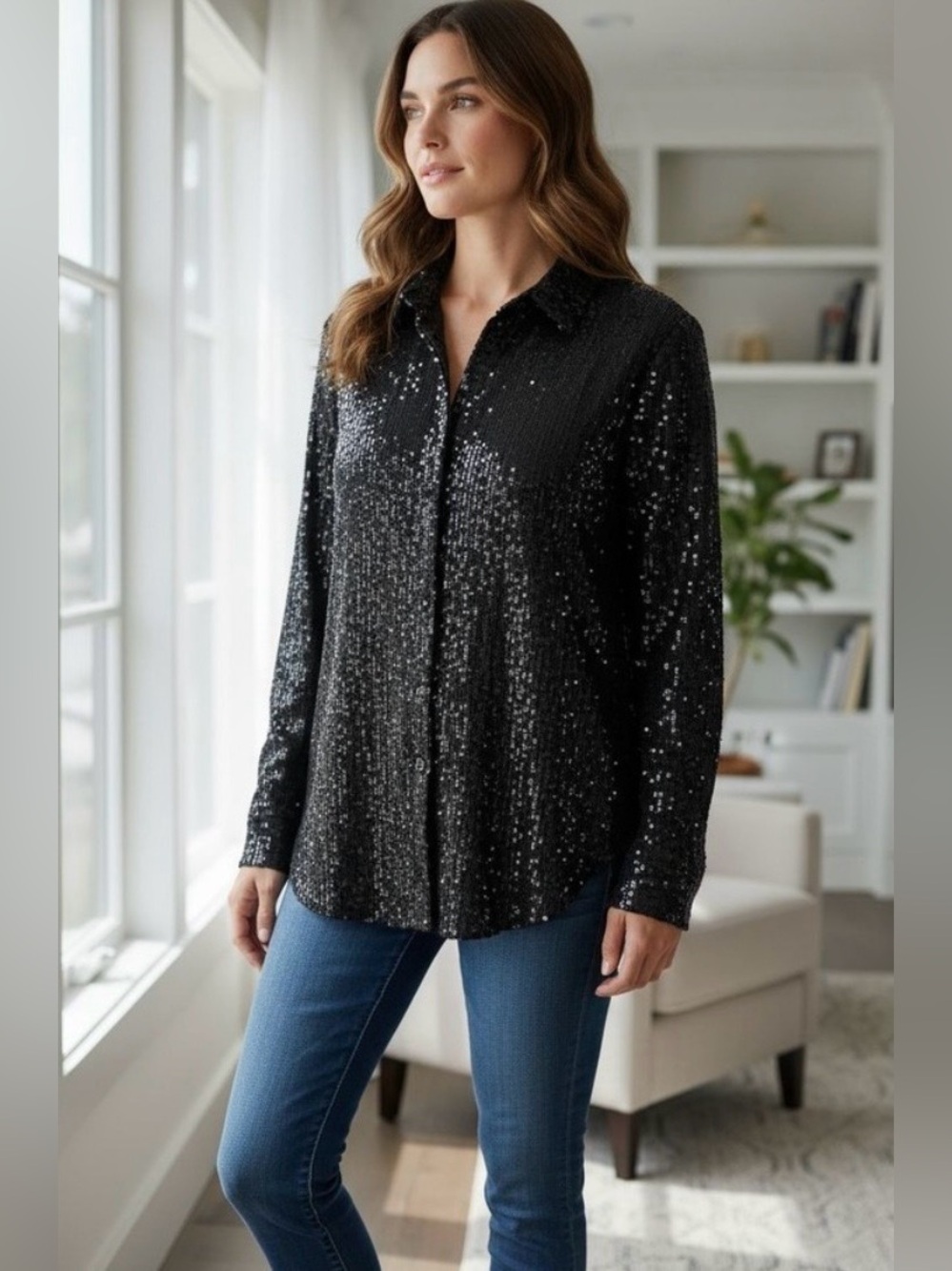Halogen Black Sequin Button-Up Blouse